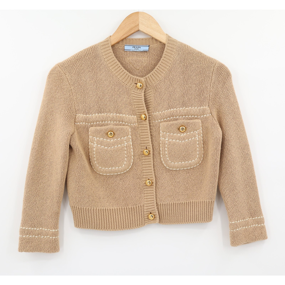 Prada Women's Cotton Cardigan Bold Button Accent Long Sleeve Beige Khaki Sz XS